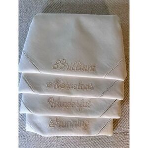 Set of 4 Linen Hemstitched Embroidered Hand Towels/Napkins